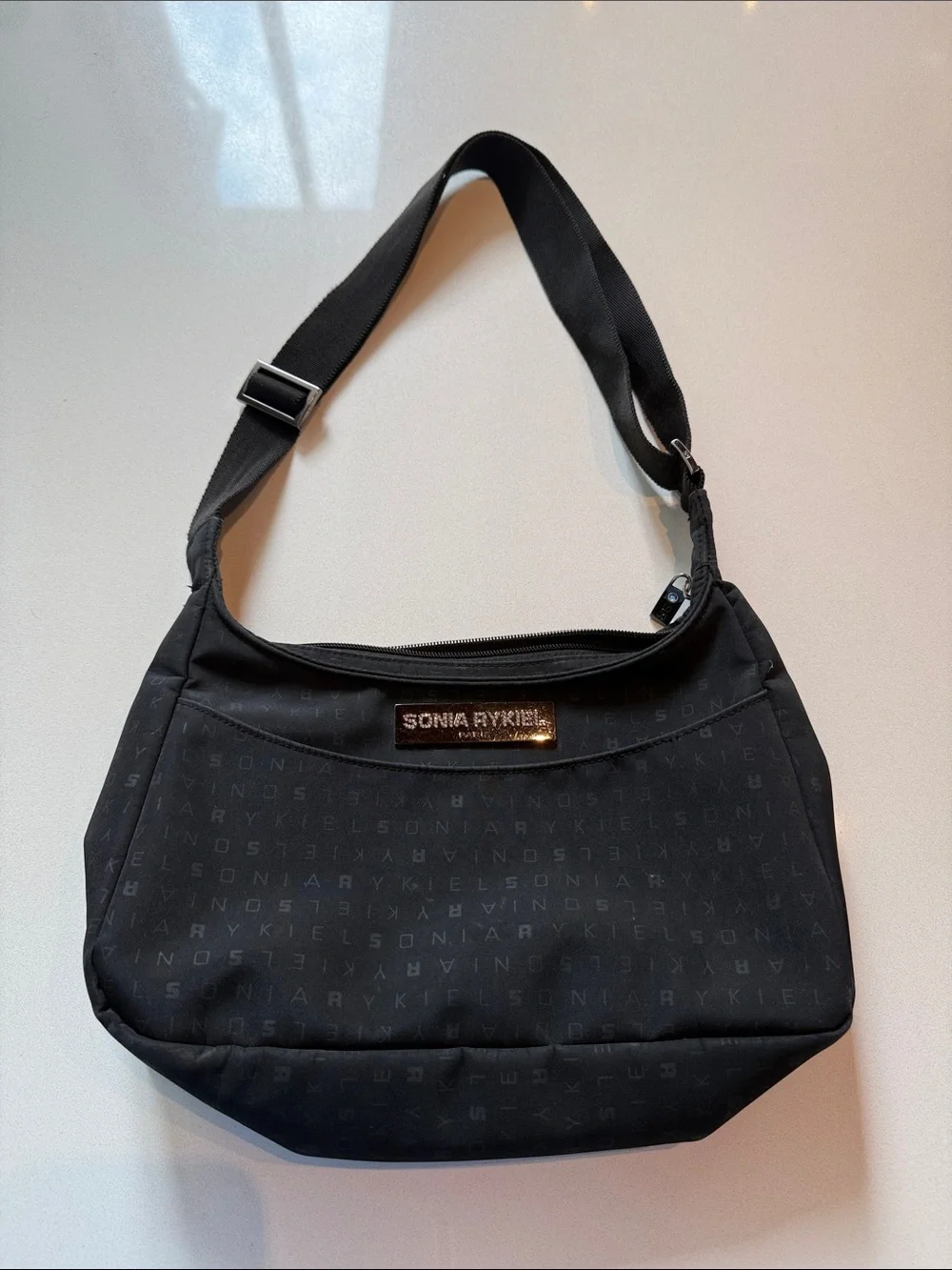 Sonia Rykiel Nylon Shoulder Bag, Monogrammed Pattern, Adjustable Strap, Black